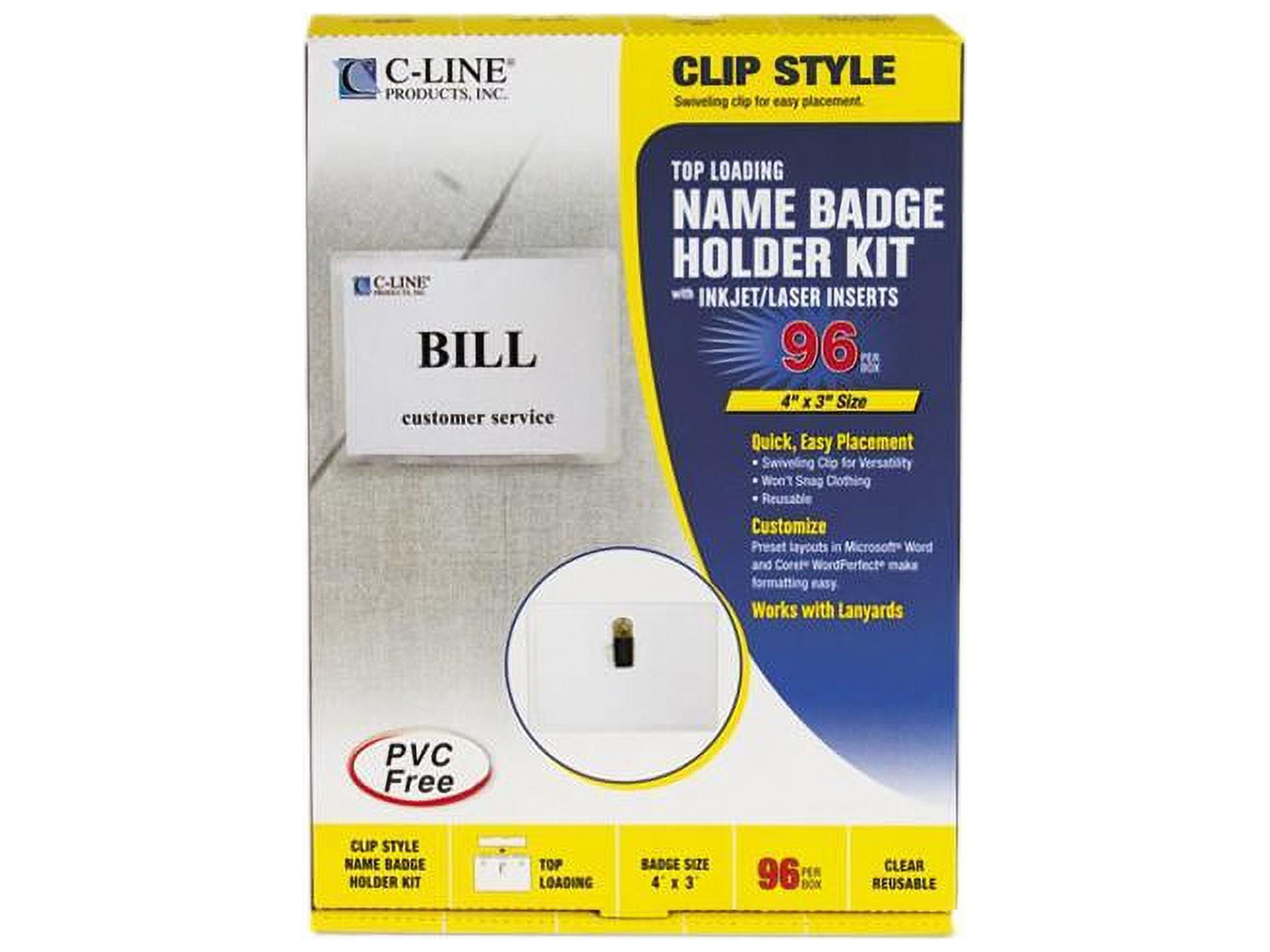 CLine Name Badge Kits, Top Load, 4 x 3, Clear, Clip Style, 96/Box
