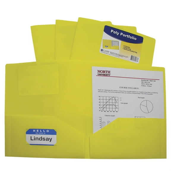 C-Line Poly Portfolio Folders, Letter, 2-Pocket, Yellow, Pack of 25