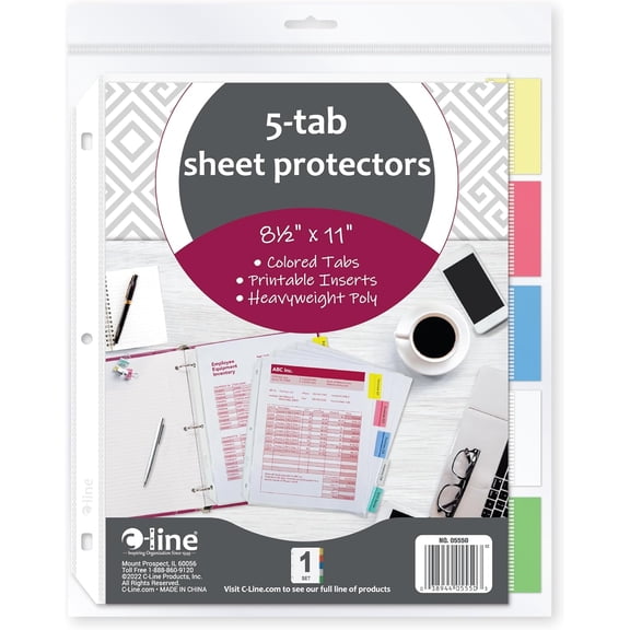 C-Line Polypropylene Sheet Protector with Index Tabs, Assorted Color Tabs, 11 x 8.5 Inches, One 5-Tab Set (05550)