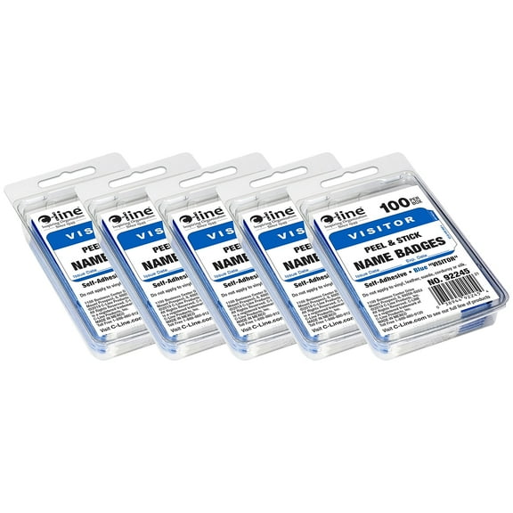 C-Line Pressure Sensitive Badges, Visitor, Blue, 3-1/2" x 2-1/4", 100 Per Pack, 5 Packs