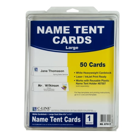 C-Line Printer-Ready Name Tent Cards, 4-1/4" x 11", White Cardstock, 50 Letter Sheets/Box