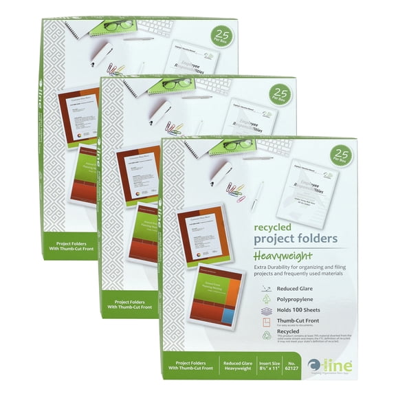 C-Line Recycled Poly Project Folders, Clear, Reduced Glare, 11" x 8-1/2", 25 Per Box, 3 Boxes