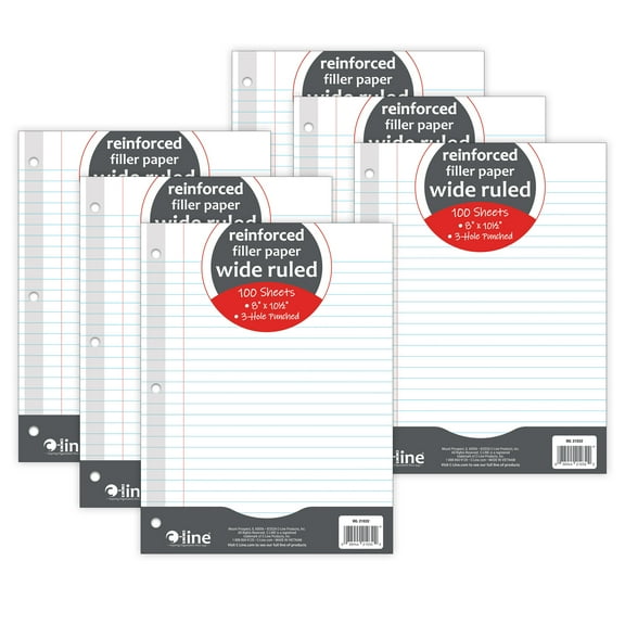 C-Line Reinforced 3-Hole Punched, Filler Paper, Wide Rule, 10.5" x 8", 100 Sheets Per Pack, 6 Packs