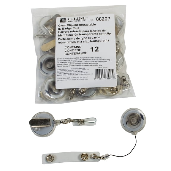 C-Line Retracting ID Card Reels, Spring Clip, Clear, Pack of 12