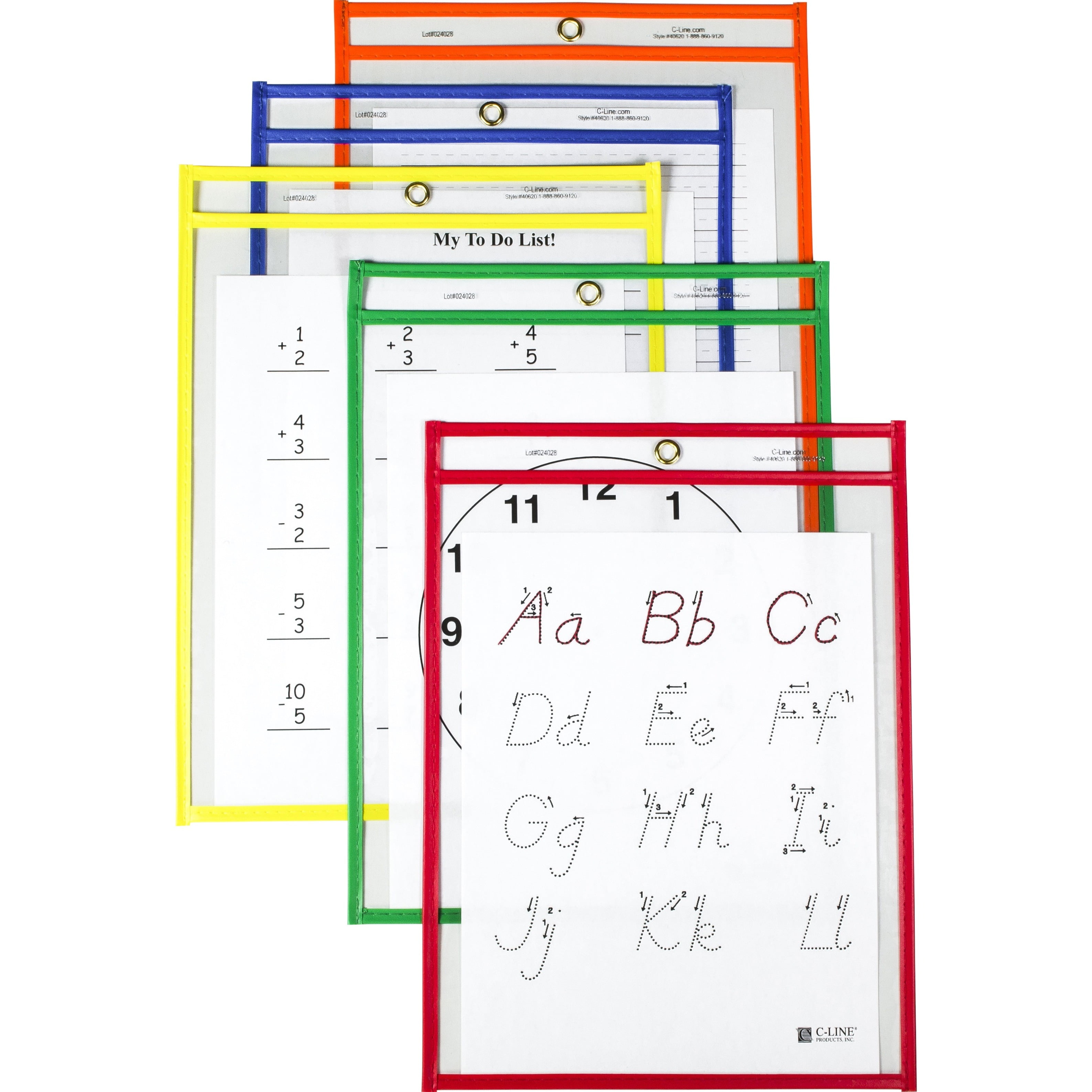 CLine Reusable Dry Erase Pockets, 9 x 12, Assorted Primary Colors, 25