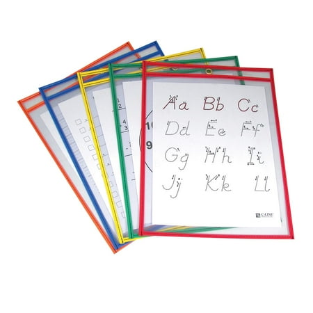 C-Line Reusable Dry Erase Pockets, Primary Colors, 9" x 12", Pack of 5