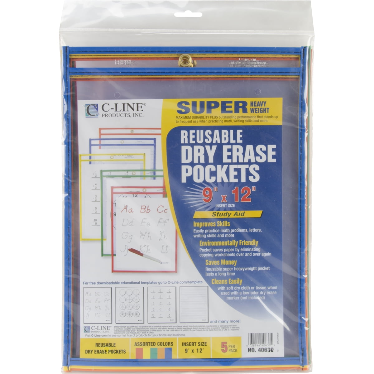 CLine Reusable Dry Erase Pockets, 9 x 12, Assorted Primary Colors, 5