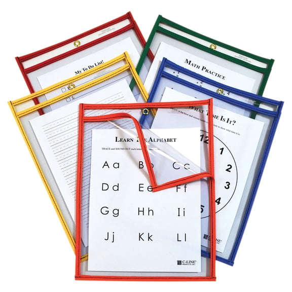 C-Line Reusable Dry Erase Pockets, Easy Load, 9 x 12, Assorted Primary Colors, 25/Pack