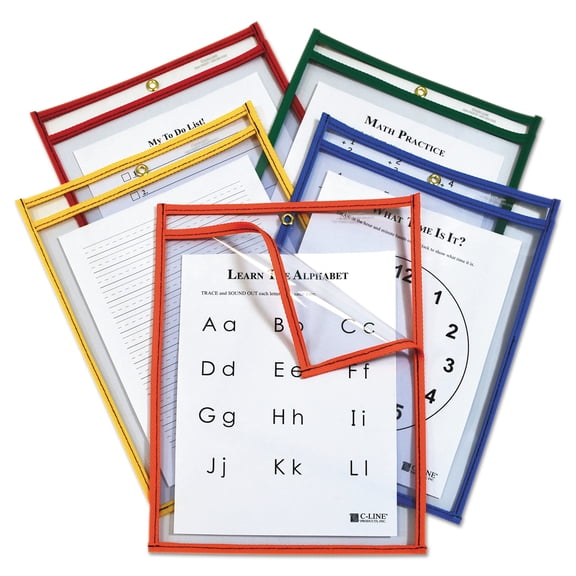 C-Line Reusable Dry Erase Pockets, Easy Load, 9 x 12, Assorted Primary Colors, 25/Pack