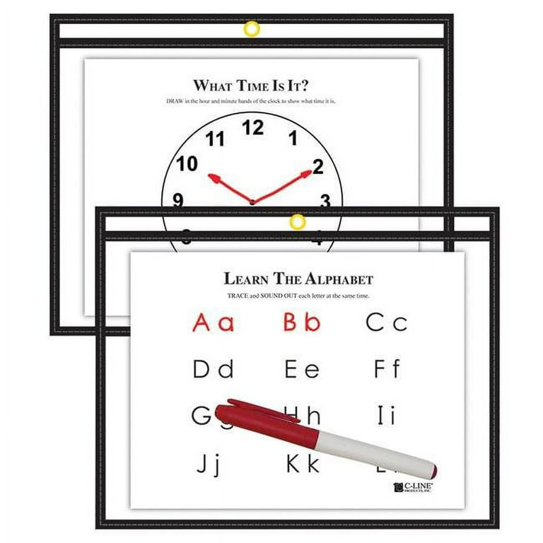 C-Line Reusable Dry Erase Pockets - Study Aid, Black, 12 x 9, Pack of 10