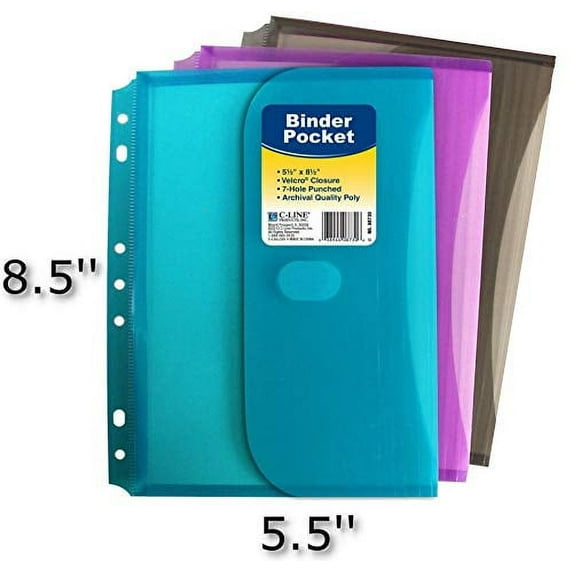 C-Line Super Heavyweight Poly Mini Size Binder Pocket, 5.5 x 8.5 inches, 7-Hole Punched, Set of 3 Pockets, Color May Vary (08730)