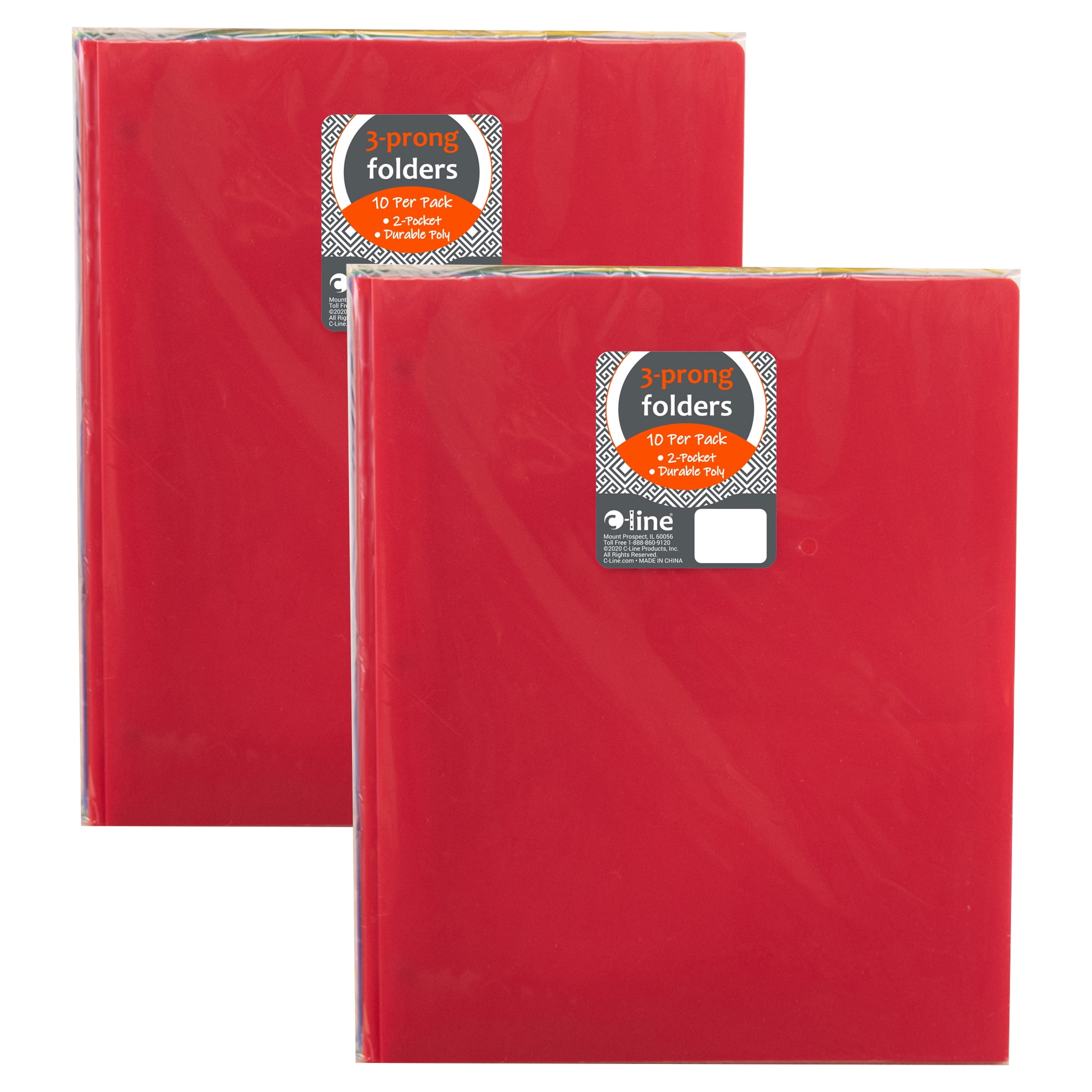 C-Line Two-Pocket Heavyweight Poly Portfolio Folder with Prongs, Assorted Primary Colors, 10 Per Pack, 2 Packs