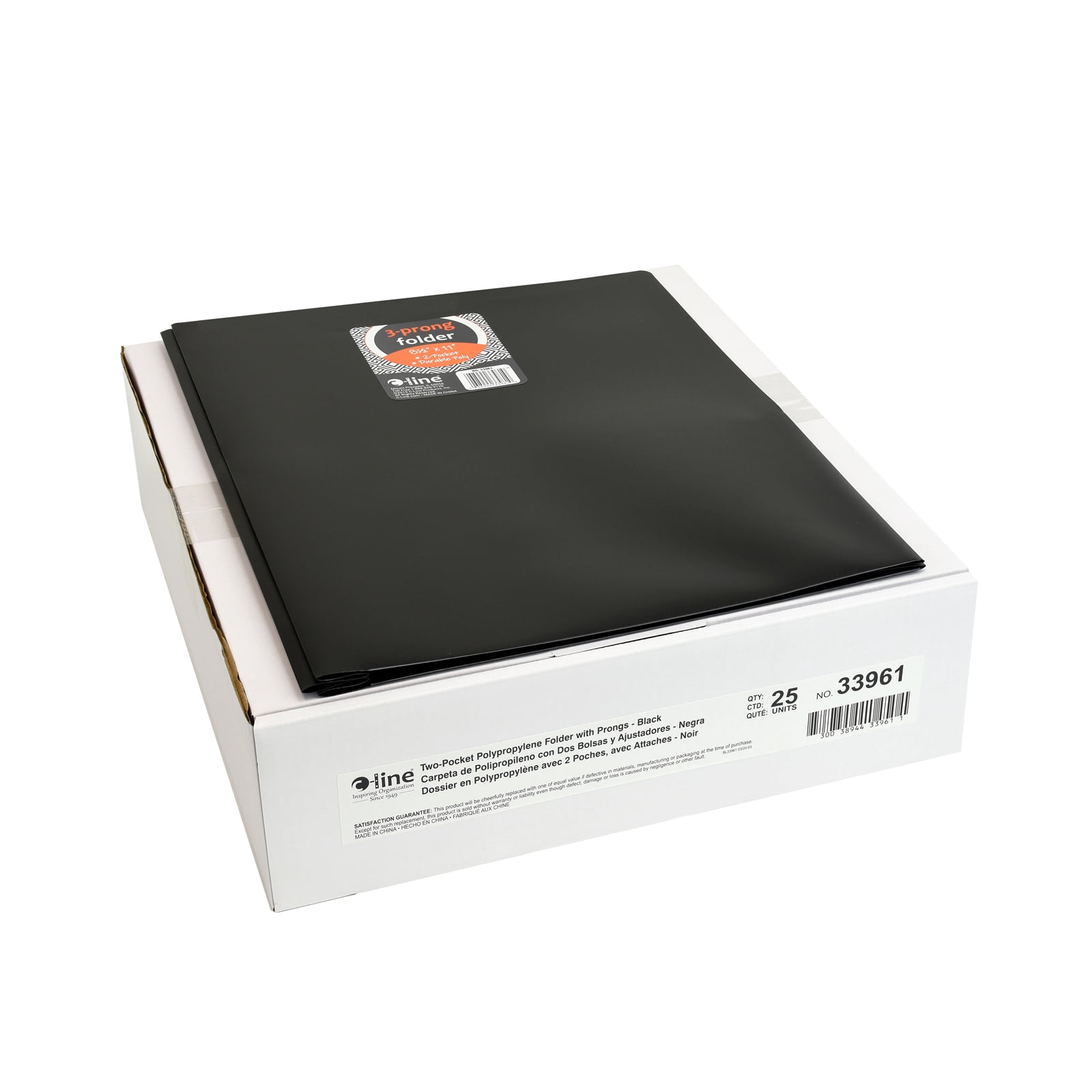 C-Line Two-Pocket Heavyweight Poly Portfolio Folder with Prongs, Black, Pack of 25