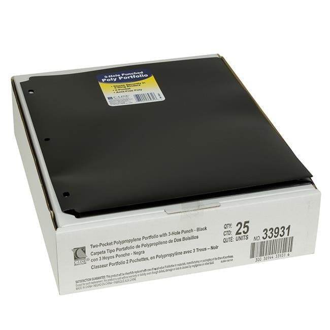 C-Line Two-Pocket Heavyweight Poly Portfolio Folder with Three-Hole Punch, Black, Pack of 25