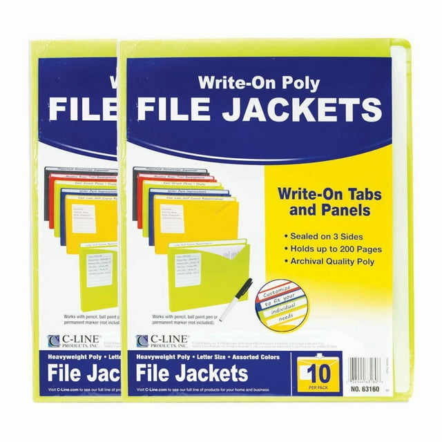 CLine WriteOn Poly File Jackets, Assorted Colors, 11" x 81/2", 10