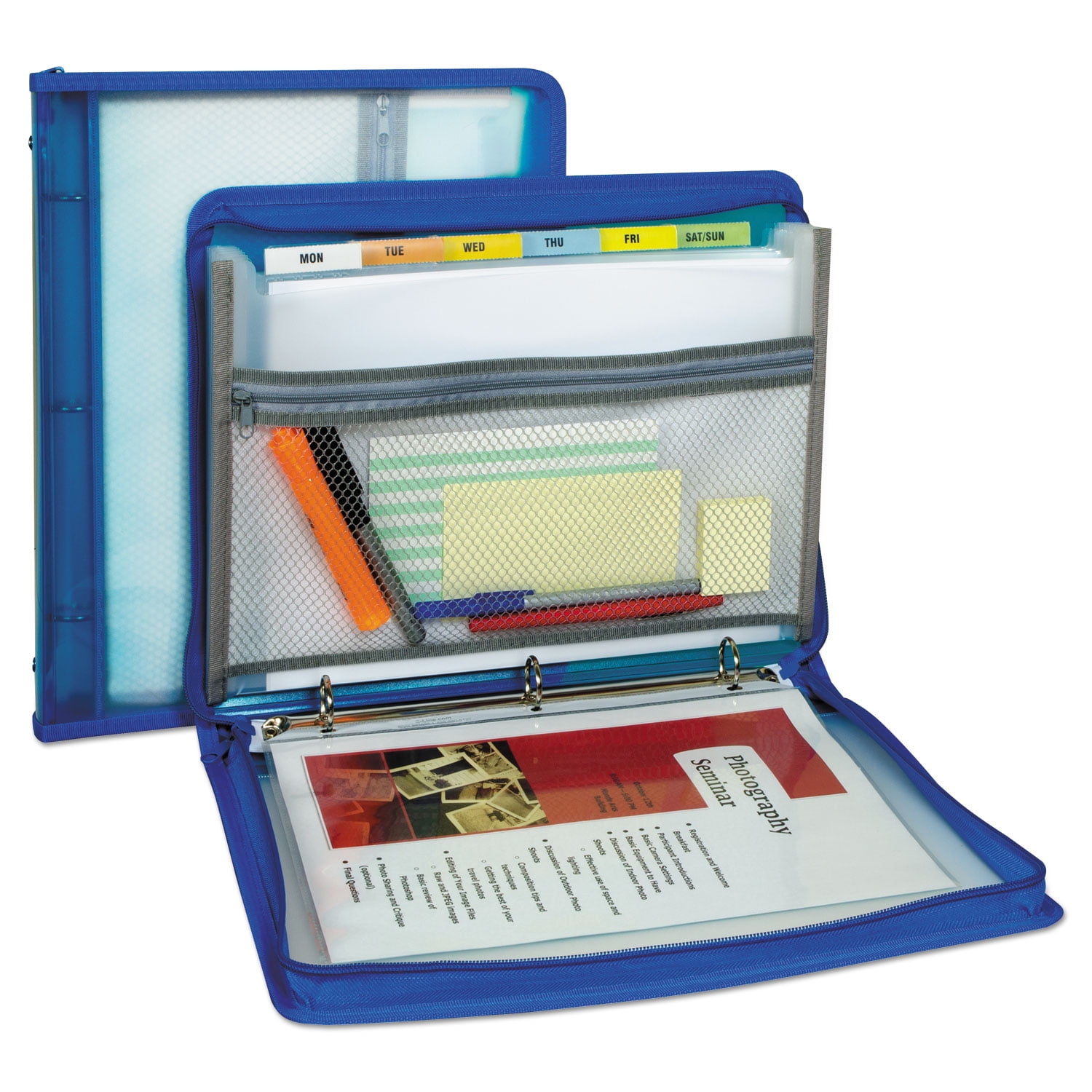 C-Line Zippered Binder W/Expanding File, 2" Overall Expansion, 7 Sections, Letter Size, Bright Blue
