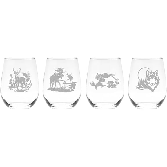 C & M Personal Gifts - Wild Animals - Deer, Moose, Bear, Wolf Stemless Wine Glass Set Wild Animals - Deer, Moose, Bear, Wolf Themed Gift for Women and Men - 4 Pieces