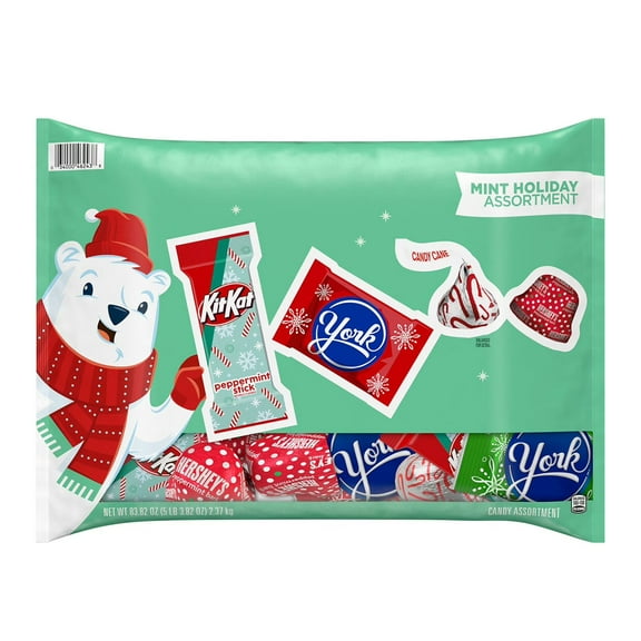 C MINT HOLIDAY ASST LAYDOWN BAG: C YORK DC COVERED PEPPERMINT PATTIE MIN C HSY CANDY CANE KISSES, C HSY PEPPERMINT BARK BELLS, C KIT KAT PEPPERMINT STICK
