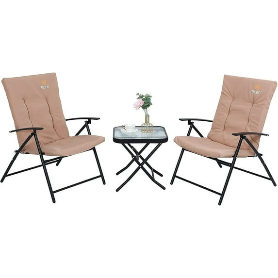 C Patio Bistro Set - Glass Table & 2 Folding Chairs (Nude-3 Piece)