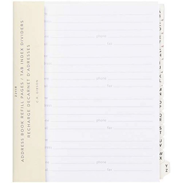 C.R. Gibson A1 Address Book Refill with 55 Sheets and 13 Dividers, 5.25