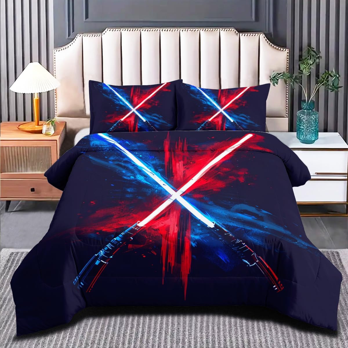 C Red Blue Lightsaber Comforter Set Full Size Kids Science Fiction