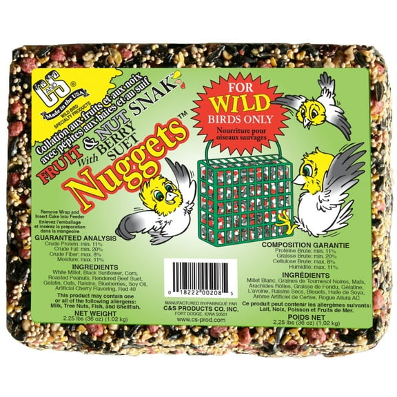 C&S Products Fruit & Nut Snak with Suet Nuggets for Wild Birds, Single Cake, 36oz