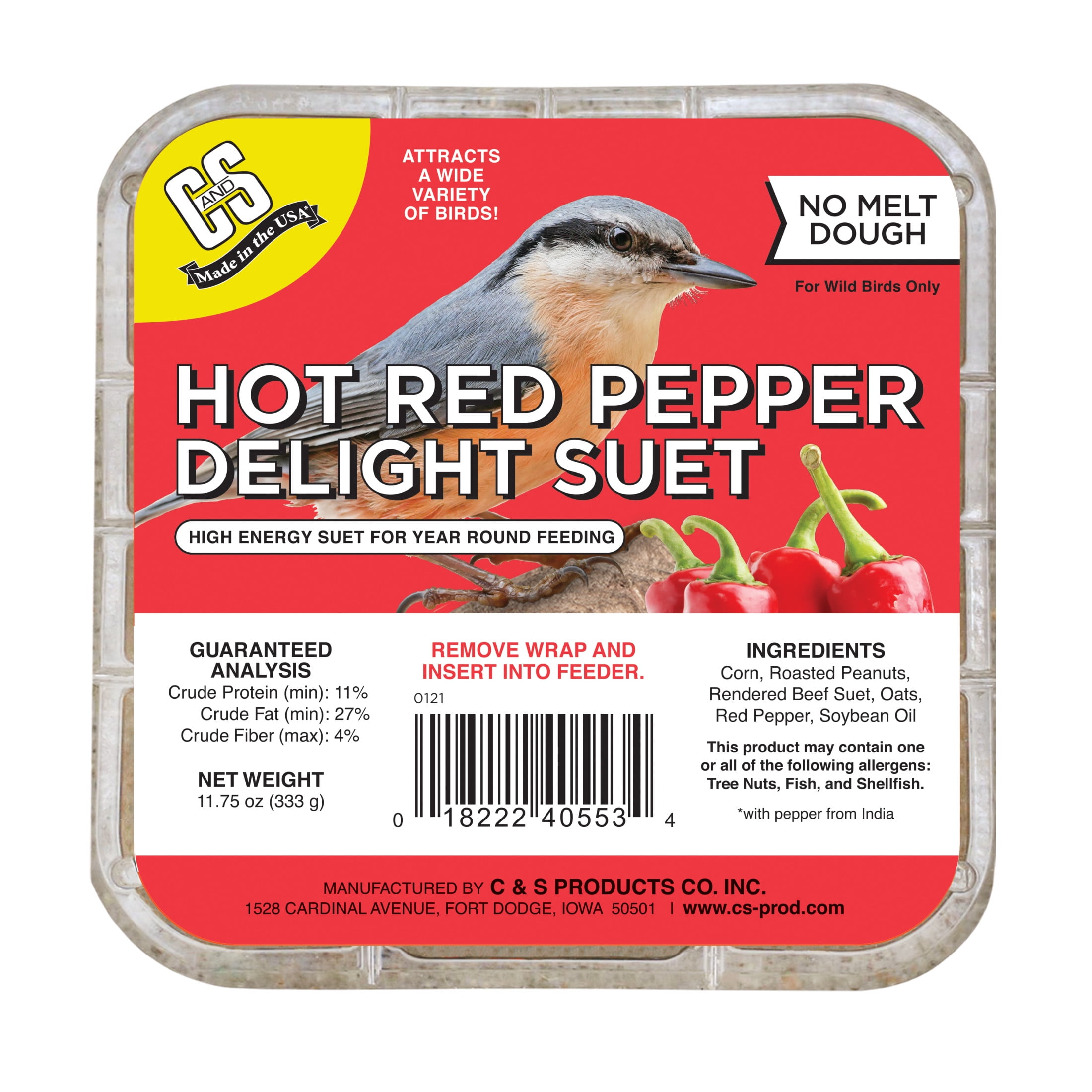 C&S Hot Pepper No Melt Suet Dough, 11.75 oz,  Fresh Wild Bird Suet