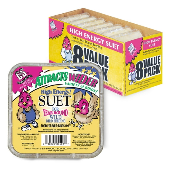 C&S Products High Energy Suet Value Pack, For Year Round Feeding, 8 Suet Cakes, Wild Bird