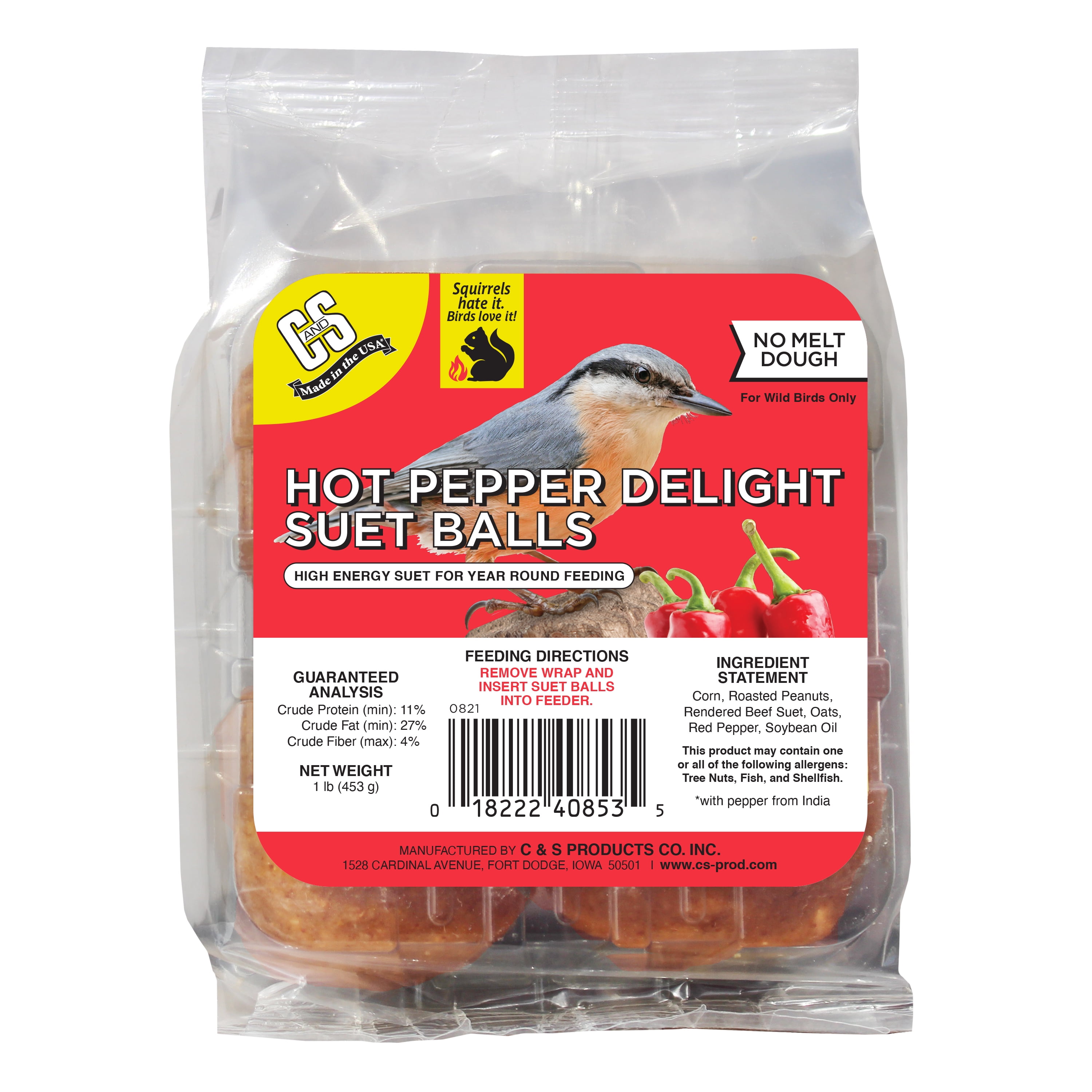 C&S Products Hot Pepper Delight Suet Balls, No Melt, 1 lb, Bird Food