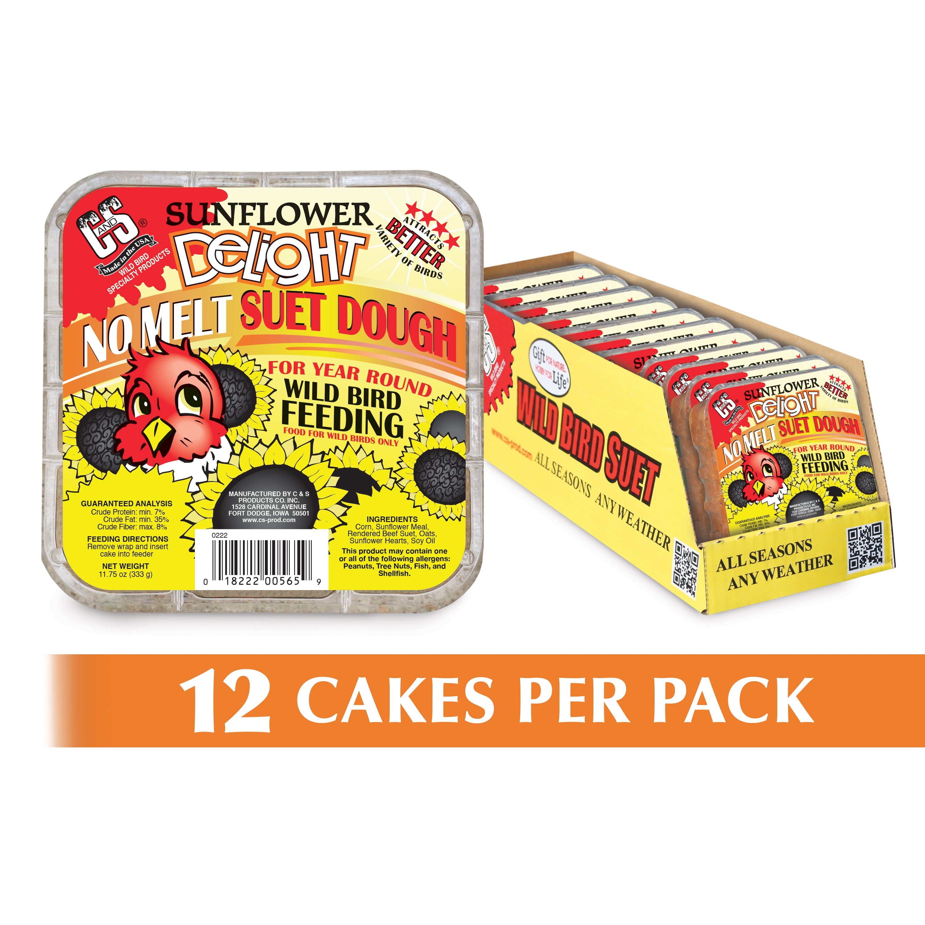C&S Products Sunflower Delight Suet, 11.75 oz, Wild Bird Food, 12 Pack, Fresh