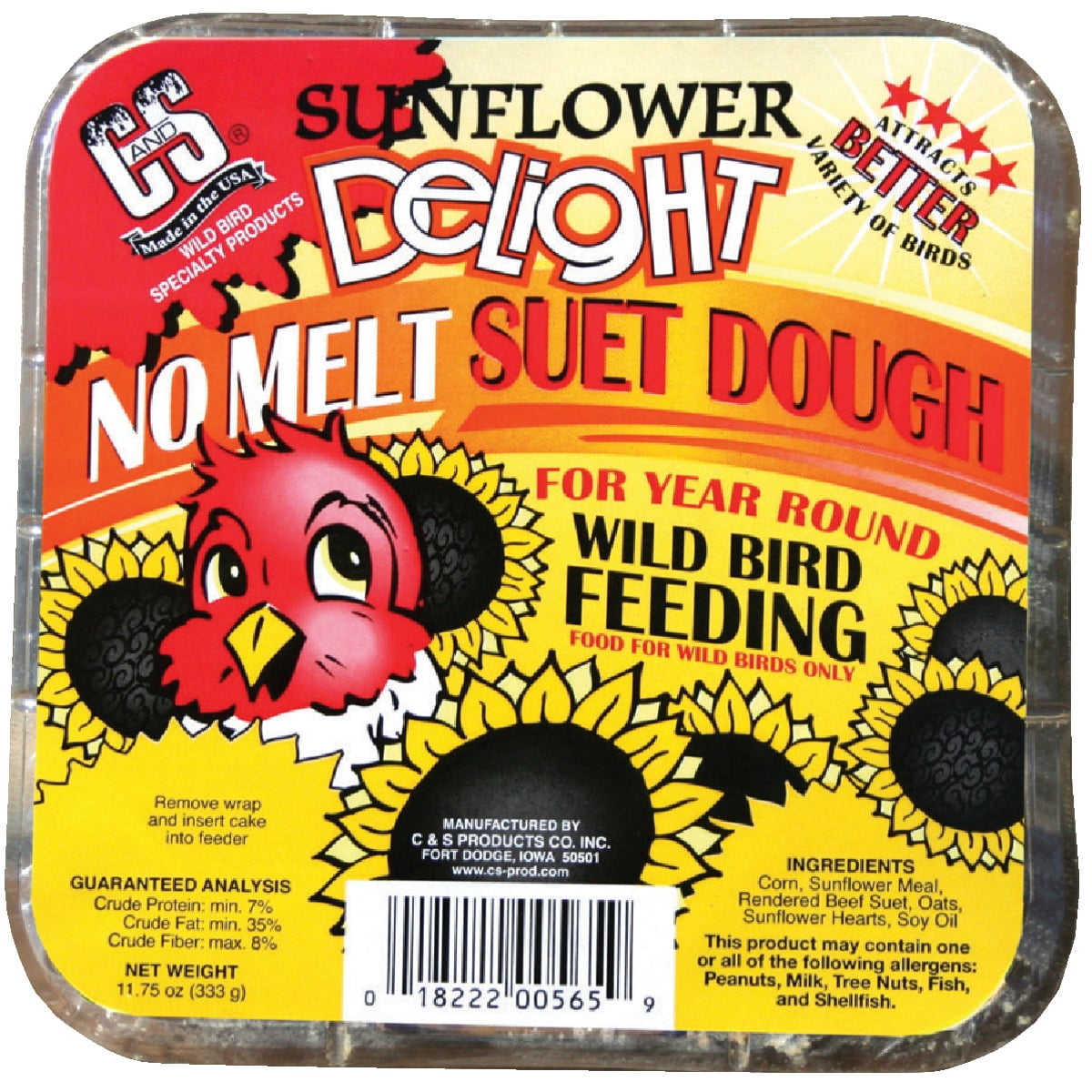 C&S Sunflower Delight No-melt Suet Dough, 11.75 oz, Wild Bird Food, 12 Pack
