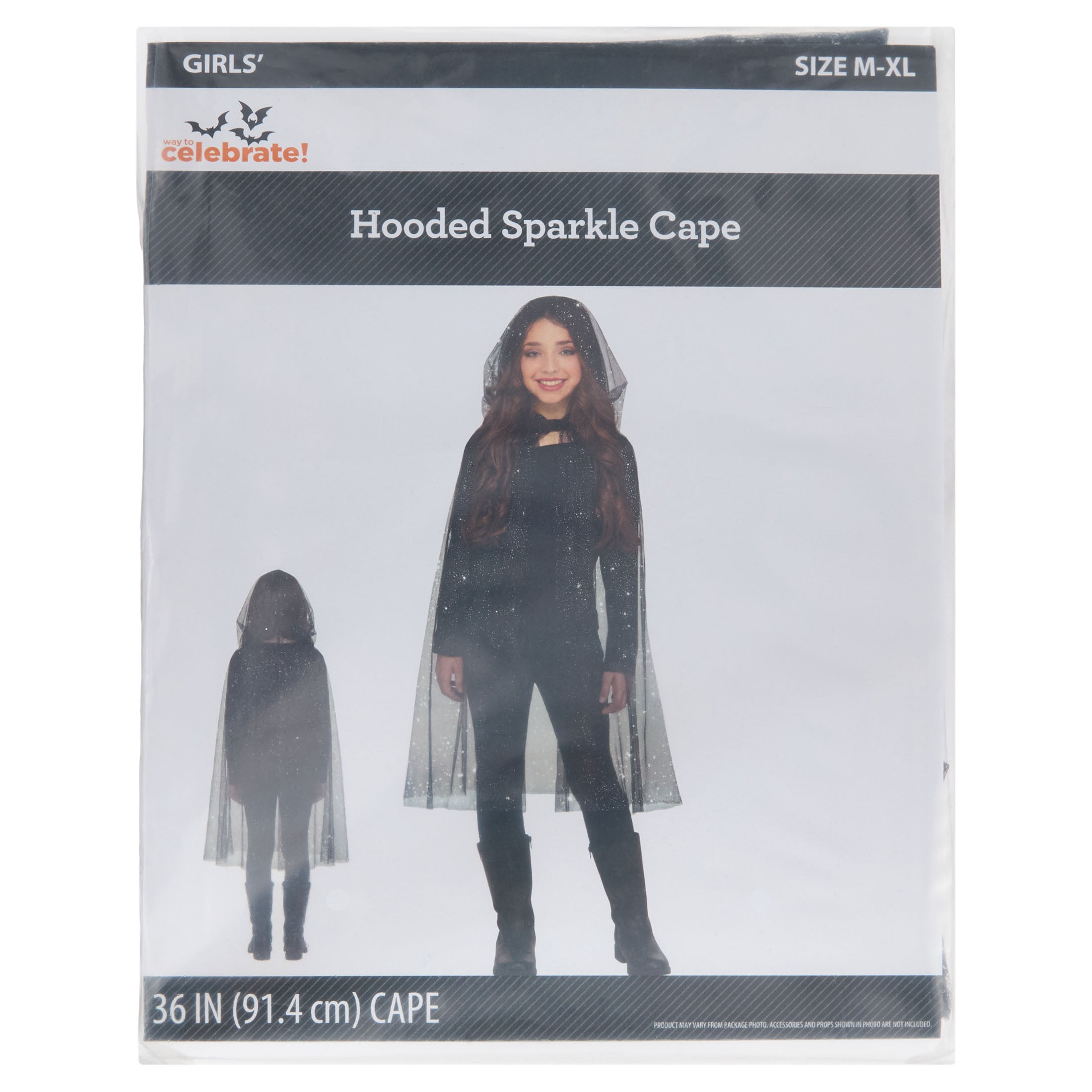 Hooded Sparkle Cape Costume Accessory for Children, Black, M-XL, Halloween by Way To Celebrate
