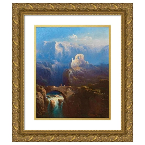 C. Schreiber 12x14 Gold Ornate Wood Frame and Double Matted Museum Art Print Titled - Stone Bridge in the Mountains