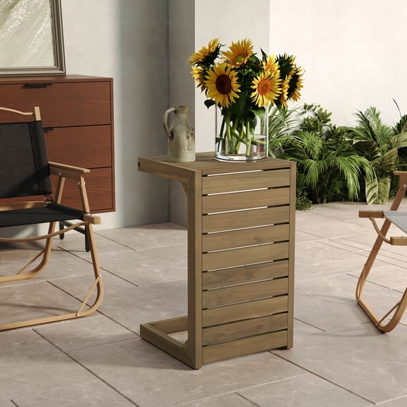 C-Shape End Table, Durable Acacia Wood Outdoor Side Table for Patio and Backyard, Modern Brown Space-Saving Accent Table for Outdoor Seating and Lounging, Easy Assembly Required