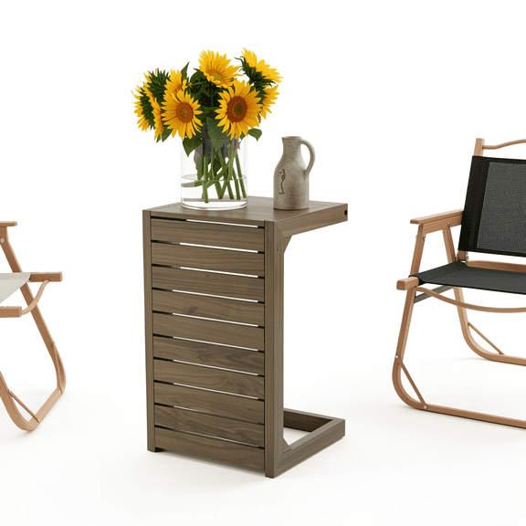 C-Shape End Table Wood Outdoor Patio Side Table Brown