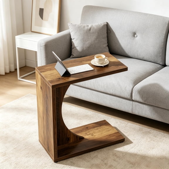 C-Shape End Table with Walnut Finish and Adjustable Legs, 23.6x11.8x25.6 Inch, MDF Construction for Living Room Sofa Bedside Laptop Stand
