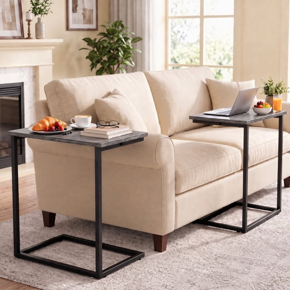 C Shape Metal Frame End Table 2 PCS, Sofa Table TV Tray Table for Living Room,Side Table for Bedroom (Gray)