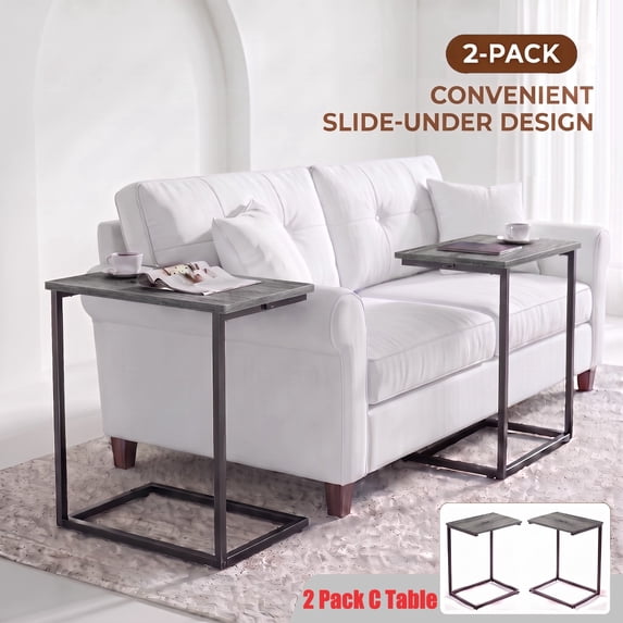 C Shape Metal Frame End Table 2 PCS, Sofa Table TV Tray Table for Living Room,Side Table for Bedroom (Gray)