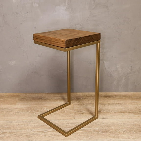 C Shape Rustic Side Table for Living Room Couch Tray, Nightstand for Bedroom, End Table, Made in USA from Solid Pine Wood and Strong Metal Base, Comes Fully Assembled (Gold/Aged Oak)