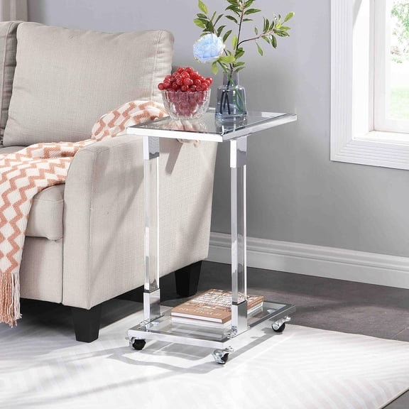 C-Shape Tempered Glass Side Table with Wheels, 18x12 Silver Chrome Modern Acrylic Legs End Table for Living Room, 2-Tier Clear Night Stand for Bedroom