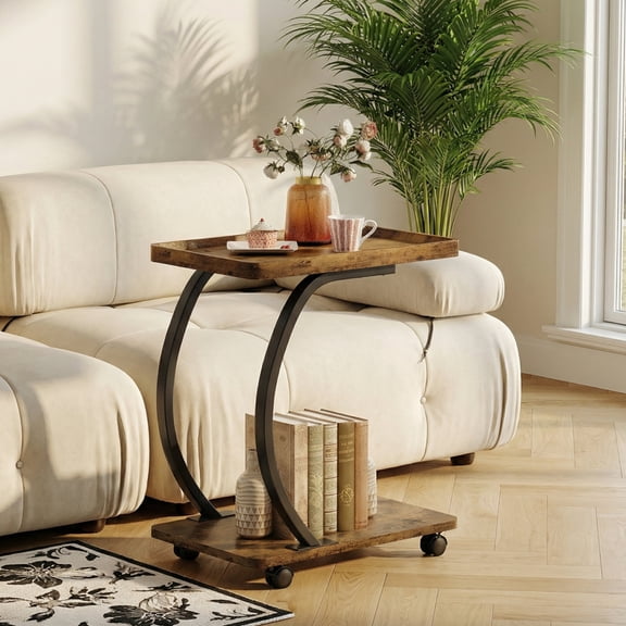 C-Shaped 2-Tier End Table with Wheels, Industrial Small Side Table, Wood Snack Couch Table with Metal Frame, Rustic Brown for Small Spaces