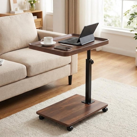 C-Shaped Adjustable Height End Table, 360° Swivel TV Tray Table with Wheels, Rolling Side Table that Slides Under Sofa for Eating Working in Bedroom Living Room