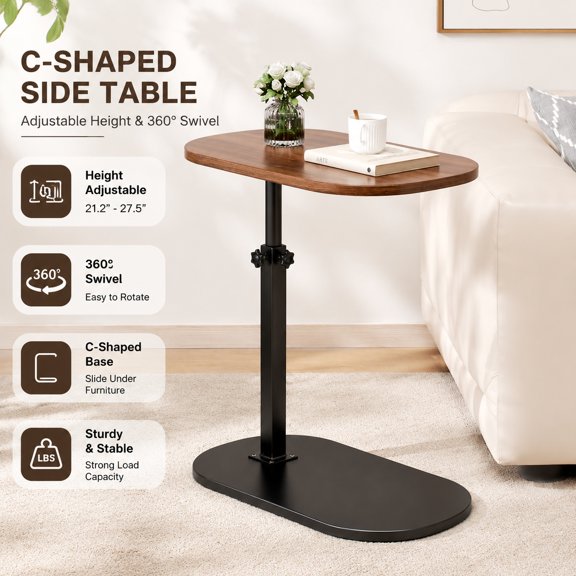 C Shaped Adjustable Height Side Table, 360° Swivel Couch End Table with Sliding Laptop Desk for Sofa, Bed, Bathtub - Walnut Finish