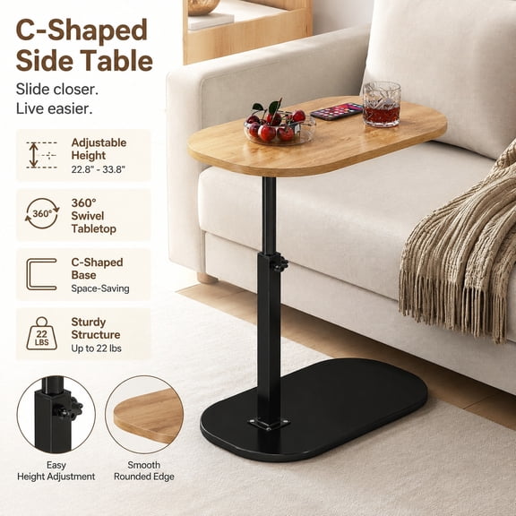 C Shaped Adjustable Height Side Table, 360° Swivel End Table for Couch, Laptop Desk for Sofa, Bed, Bathtub, Rotating Tabletop, Slide Table