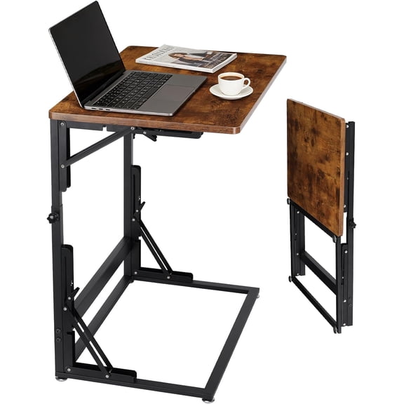 C-Shaped Adjustable Side Table with Metal Frame for Couch Bedside Coffee Small Spaces (Brown, 15.8" L x 11.8" W)