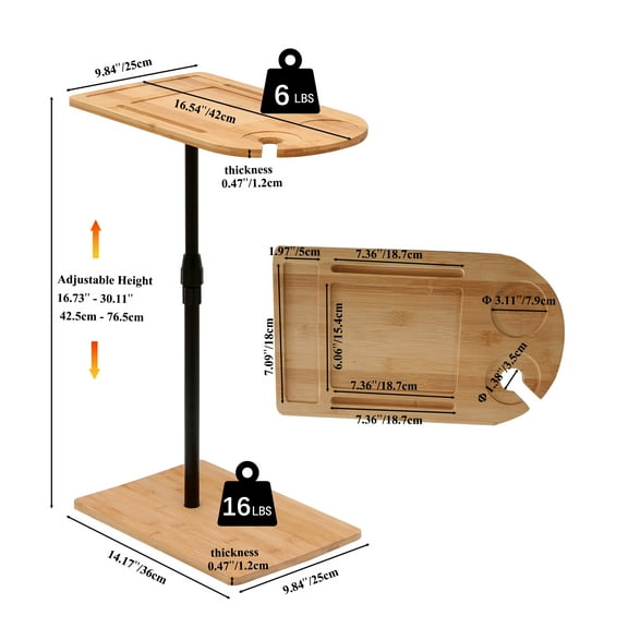 C-Shaped Bamboo Side Table with Adjustable Height, Oval & Rectangle Tray with Slots for Sofa, Bed, Chair - Multi-Purpose End Table for Living Room & Bedroom