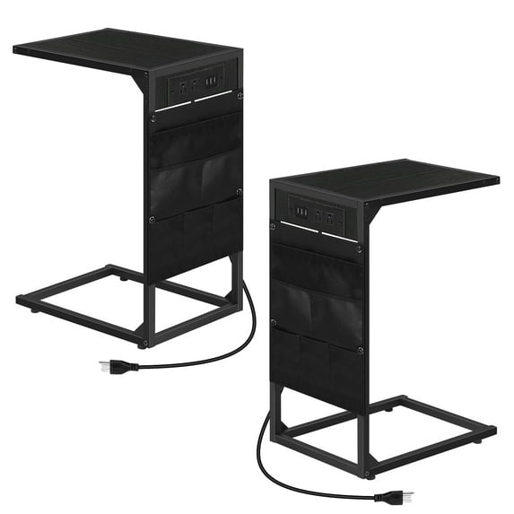 C-Shaped Coffee Table Side Table with Charging Station 2 Piece Sofa Table Set Black