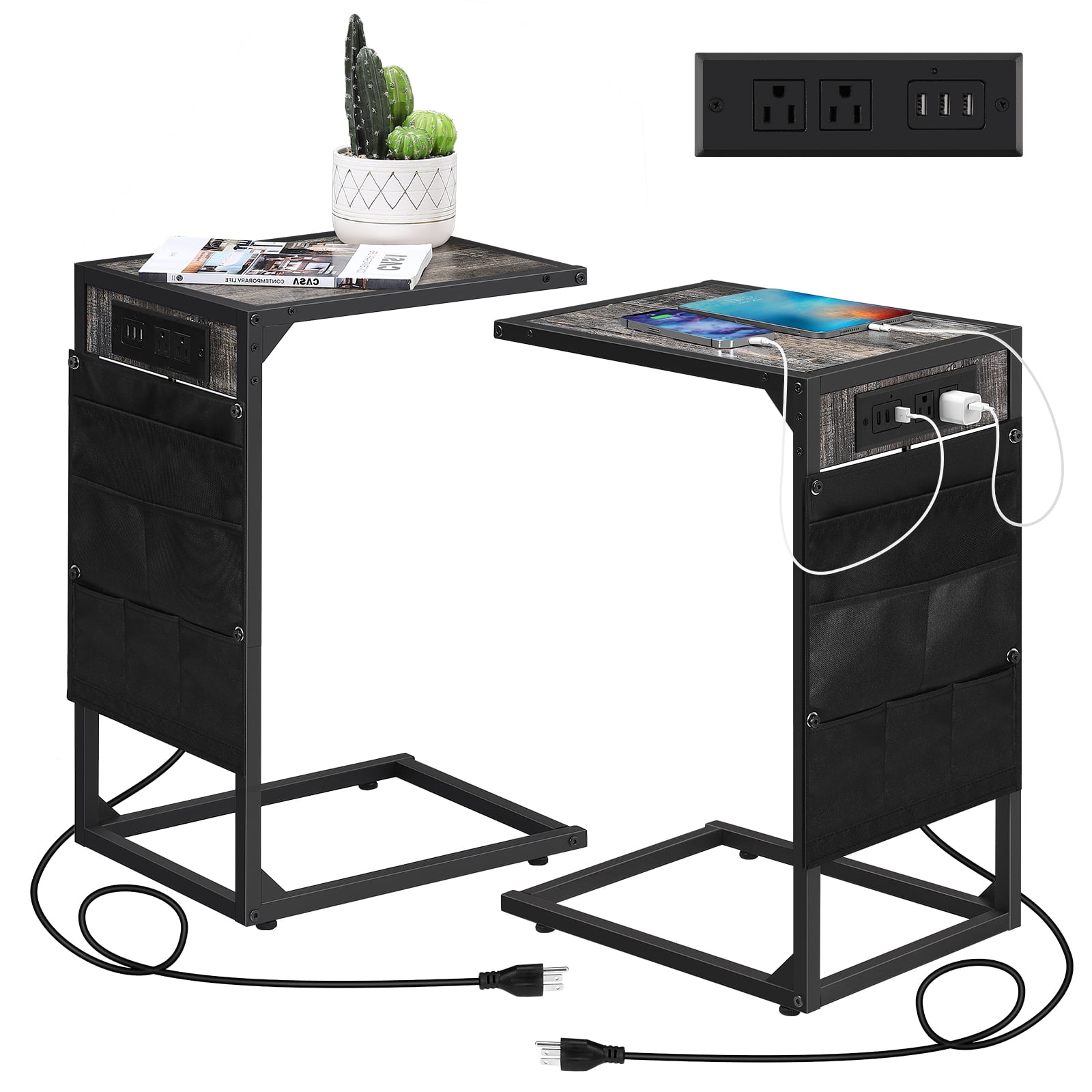 C-Shaped Coffee Table Side Table with Charging Station 2 Piece Sofa Table Set Gray