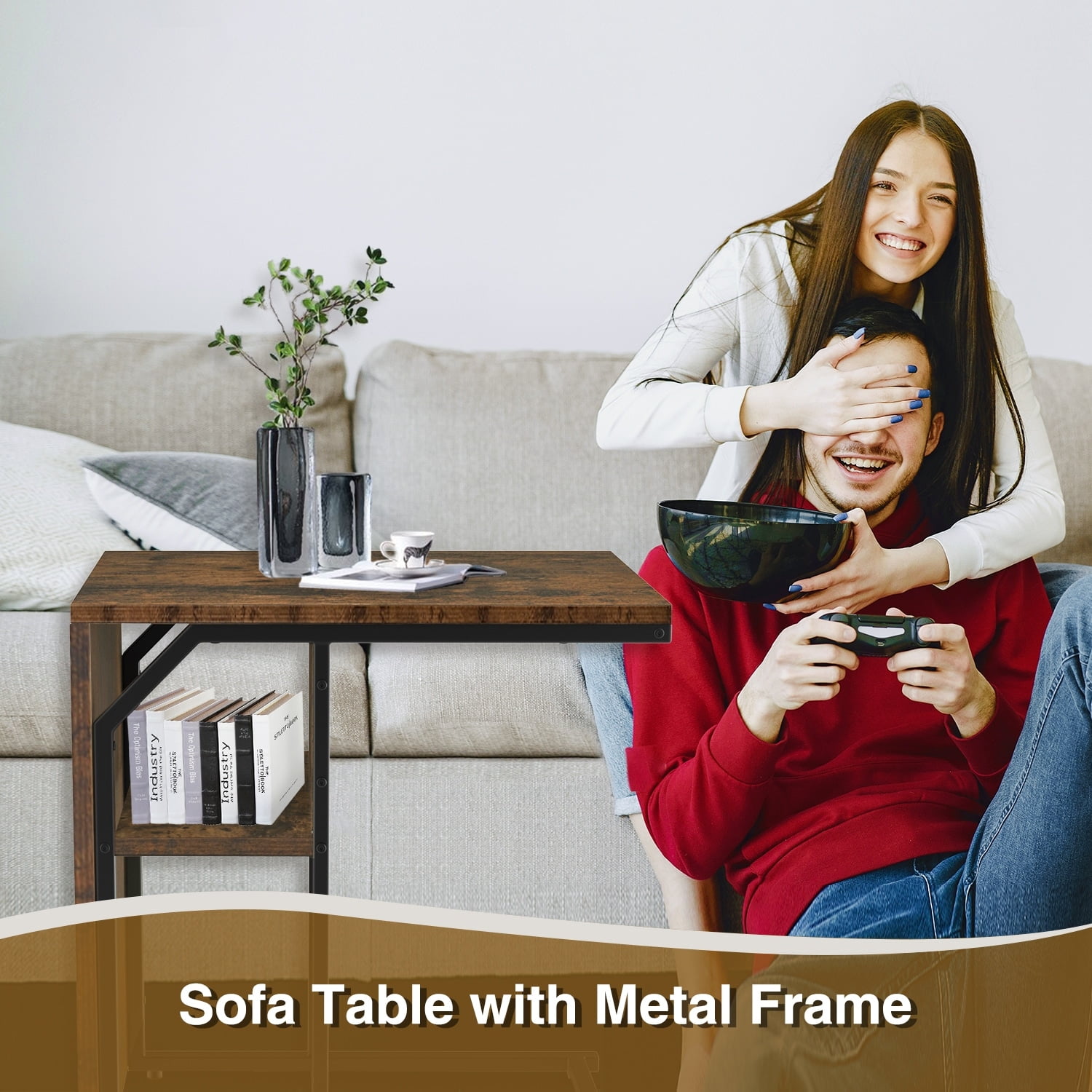 Brown Fir Wood and Black Metal C-Shaped Sofa Table