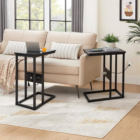 C-Shaped End Side Table Set of 2, with Charging Station & Two USB Ports and Outlets for Living Room, Bedroom, with Adjustable Feet for Couch/Sofa, Bedside, Small Spaces, Black